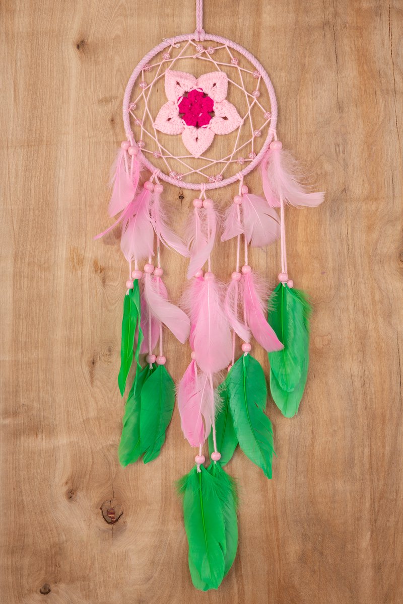KIMU® Dromenvanger Bloem Roze Groen - Dreamcatcher Veren Macramé - Bohemian Ibiza Kinderen Boho Babykamer Buiten Kado Meisjeskamer Veertjes Festival