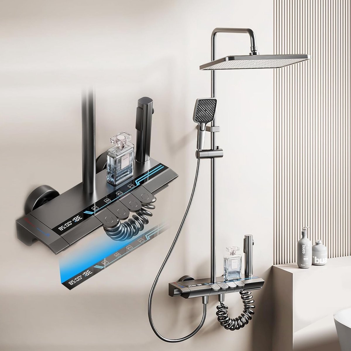 Digitale LED Douchekolom met Mengkraan, Hoogte Verstelbaar van 77 tot 115 cm, Handdouche m