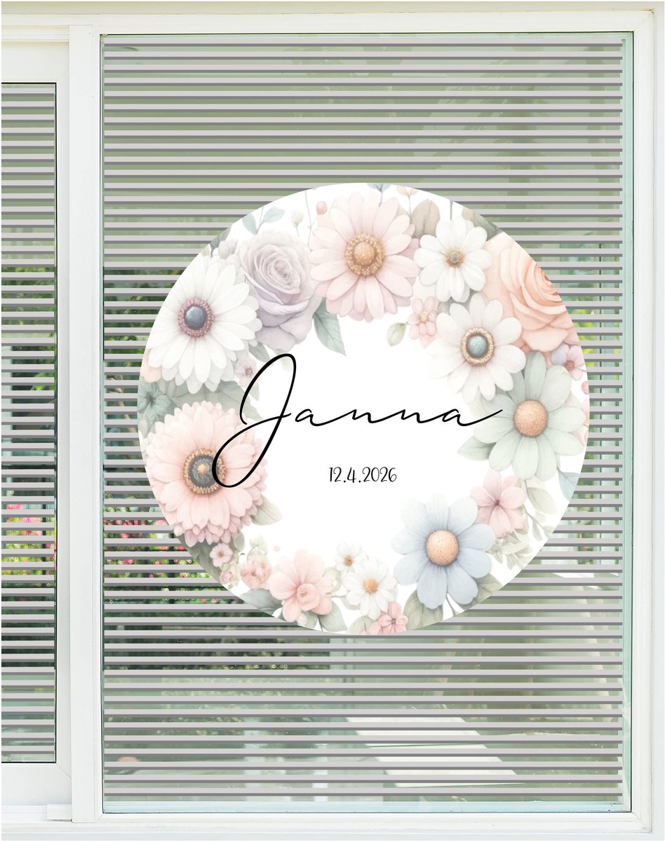 StudioJitske | geboortebord | raamsticker 80cm | raambord | bloemen pastel met naam en datum