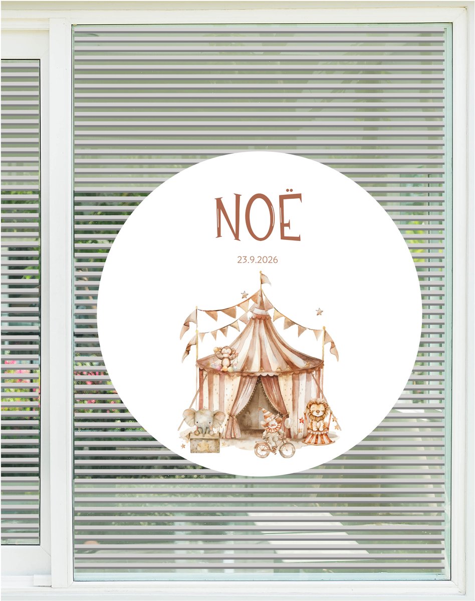 StudioJitske | geboortebord | raambord | raamsticker 80cm | circustent dieren circus clown met naam en geboortedatum