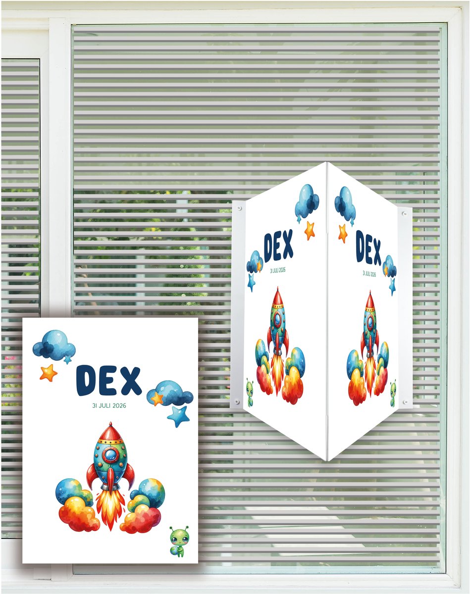 StudioJitske | Geboortebord | raambord | raamsticker 80cm | raket met naam en geboortedatum