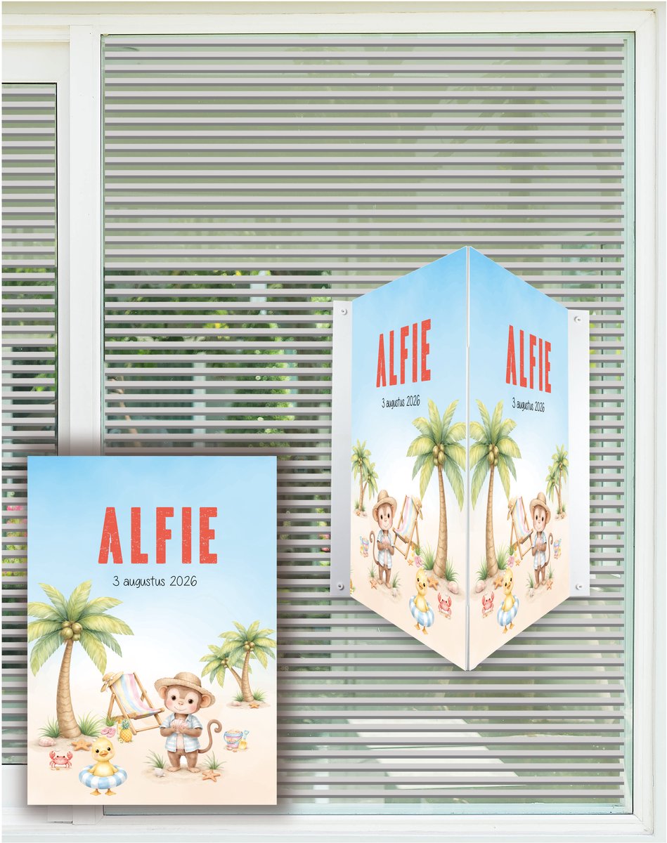 StudioJitske | Geboortebord | raamsticker 80cm | raambord | beachparty eend en aap met naam en geboortedatum