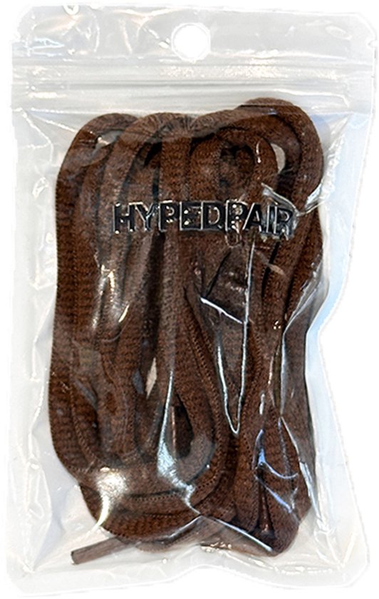Donkerbruine veters van Hypedpair in plastic verpakking. De veters zijn gebogen en de merknaam is zichtbaar.