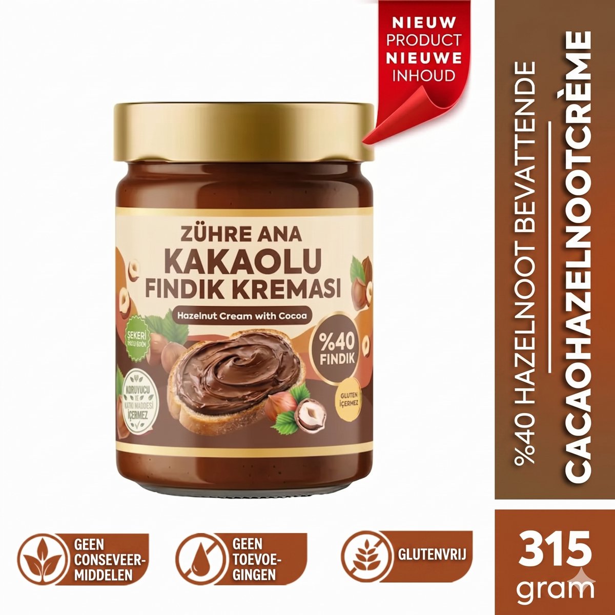 Zühre Ana Hazelnoot‑Cacaopasta 315 g | Natuurlijk, Zonder Palmolie & Fruitsuiker