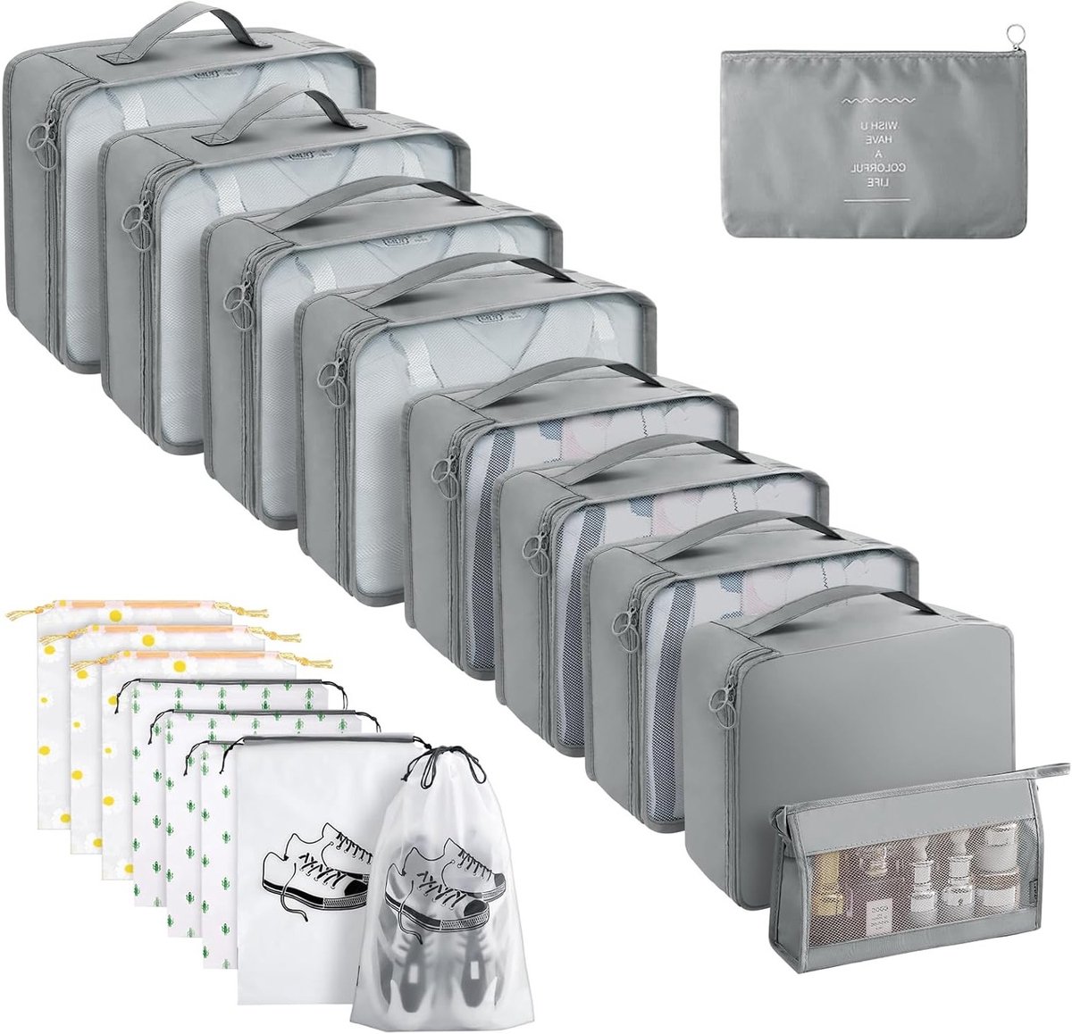 Organizer Set voor Koffer, 18 Stuks, Waterdichte Inpakzakken, Multifunctionele Reisorganiser, Kofferopbergzakken, Reisaccessoires en Kledingzakken (Grijs)