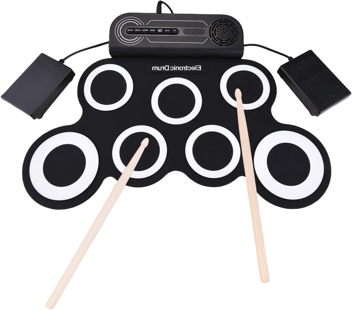 Elektronische Drumstel met 7 Pads, Oprolbare Drumpad met Ingebouwde Speaker, Drumstokken en Voetpedaal, Oplaadbare Drums voor Thuisgebruik en Oefeningen, Perfect voor Feestdagen