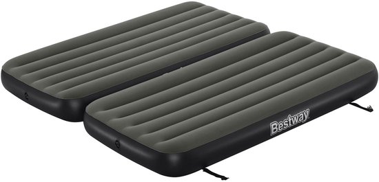 Twee Bestway luchtbedden naast elkaar op een wit oppervlak. De luchtbedden zijn donkergrijs met het Bestway logo op de zijkant.