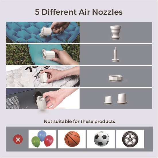 3-in-1 luchtpomp - Luchtpomp & luchtcompressor & lantaarn - met 5 mondstukken - USB oplaadbare zakpomp/opblaaspomp - voor luchtbed / zwemring / vacuumzakken kleding - oranje — afbeelding 5