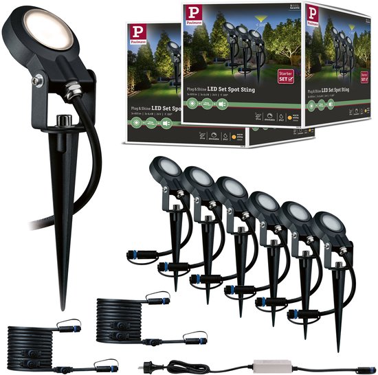 Showcase van de Paulmann Plug & Shine LED-spots Sting set van 6, inclusief verpakking en componenten.