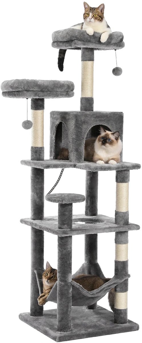 Naiz® - Katten krabpaal - Grijs - Kattentoren - Met Hangmat - 46 x 46 x 154 cm