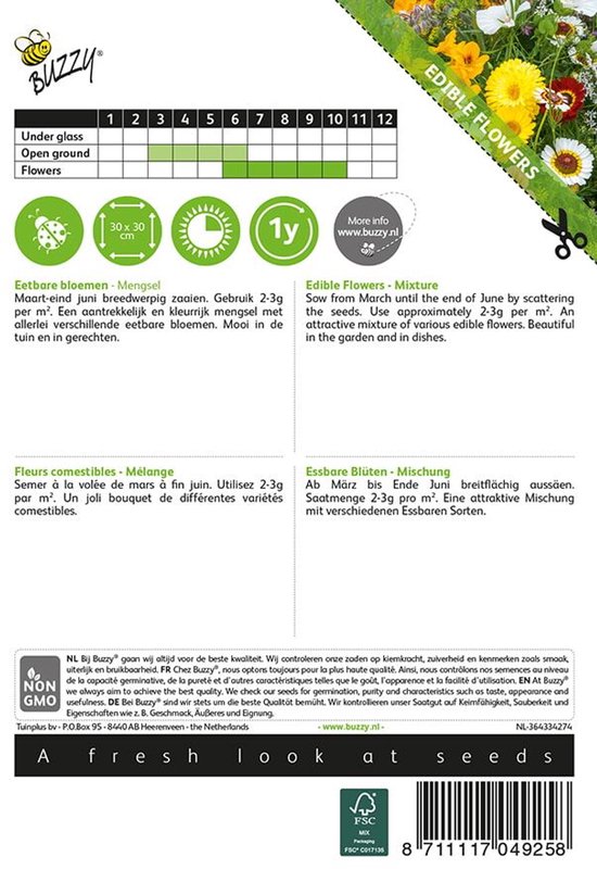 Achterkant van verpakking van eetbare bloemen zaad, met plantinstructies en informatie over de planttijd.
