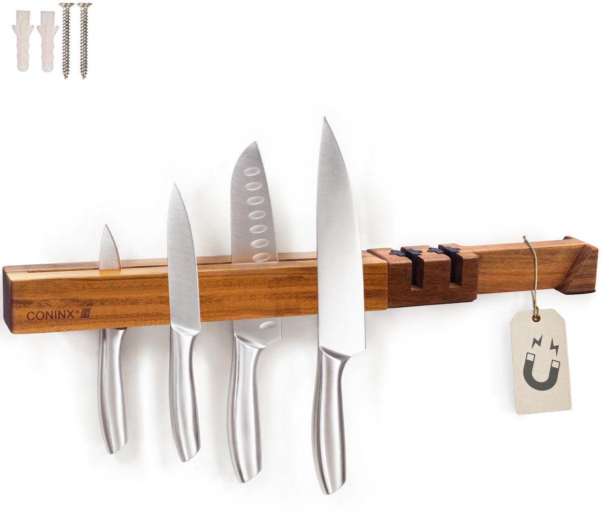 Grote Messenmagneet 40CM met Messenslijper - Houten Messenhouder Magnetisch - Schroefbevestiging - Acacia Magnetisch Messenblok van Coninx - voor 6 tot 9 Keukenmessen