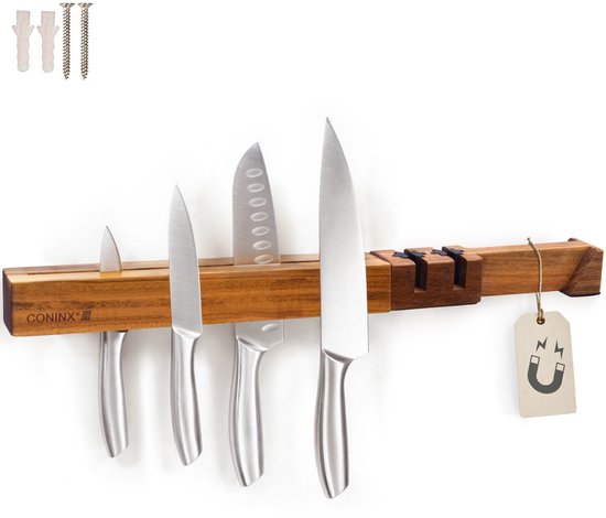 Porte-couteaux en bois avec 5 couteaux, fixés au mur. Vis et chevilles incluses.