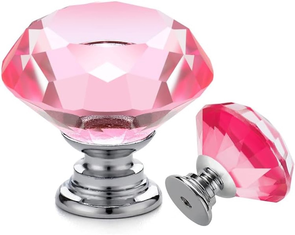 Ladeknoppen Set - Kristallen Handgrepen Diamantvorm - 5 Stuks 30 mm - Roze Glas met Zilveren Basis - Voor Keuken Kast en Commode - Elegante Woondecoratie