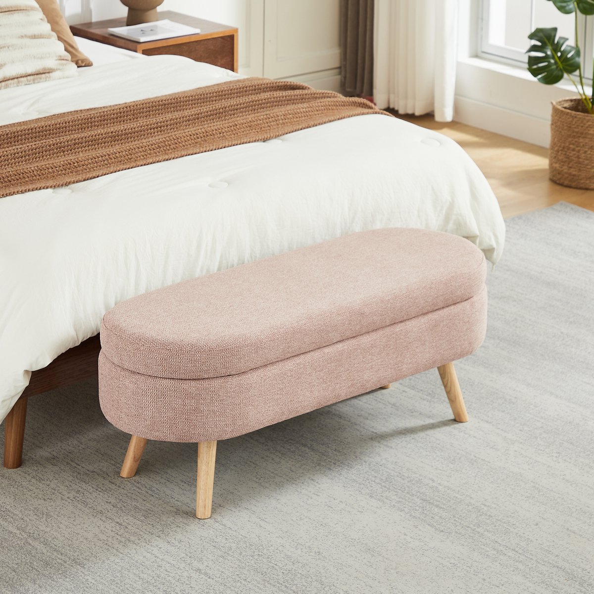 MODFU - Opbergbank - Ovaal - Met Opbergruimte - Modern - Voor Slaapkamer Of Hal - MDF En Fluweel - Roze - 110 Cm