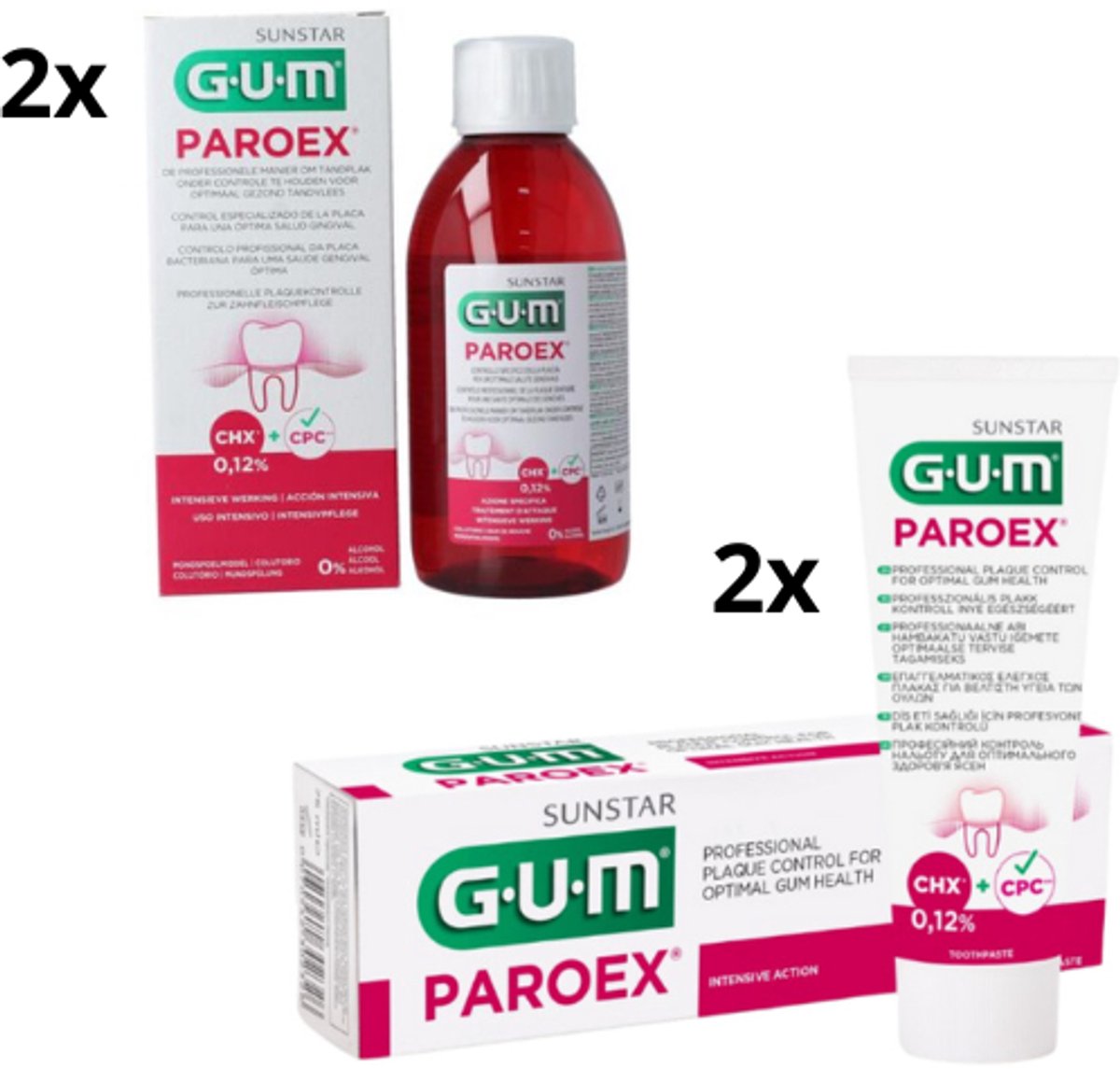 GUM Paroex 0.12% Chloorhexidine Voordeelpakket - 2x Mondspoeling + 2x Tandpasta