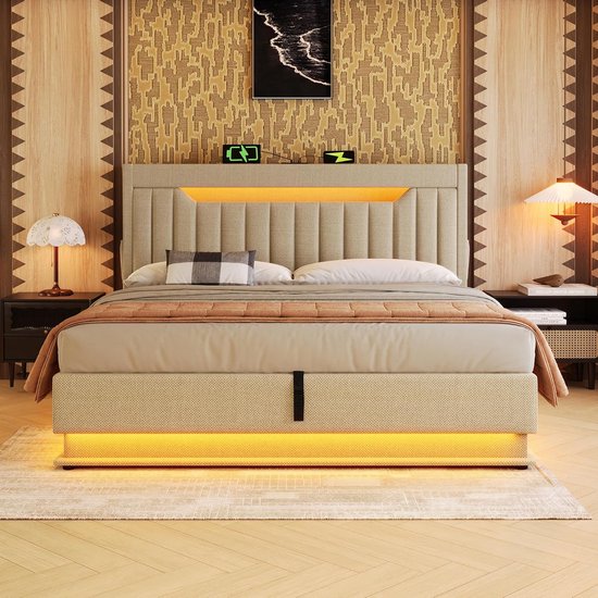 Gestoffeerd opbergbed 180x200 cm met hoofdeinde en geïntegreerde opbergruimte – Modern bedframe met metalen constructie, houten lattenbodem en linnen bekleding – Beige – Slaapkamerbed 218 x 92 x 112 cm – Laura