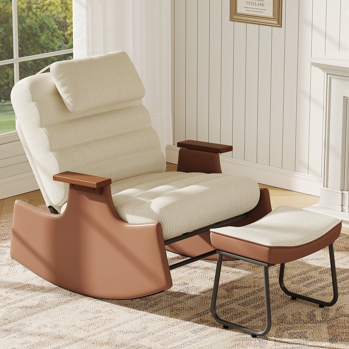 Schommelstoel - Loungestoel - Fauteuil - Verstelbare rugleuning in drie standen - Neksteun - Voetenbank - Beige en bruin (corduroy stof)