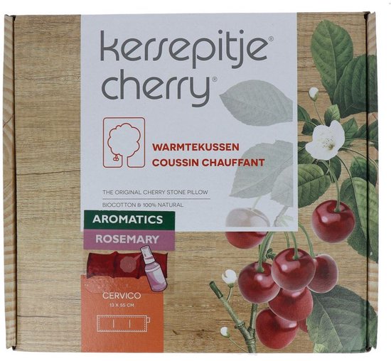 Doos van 'Kersepitje cherry' warmtekussen met afbeeldingen van kersen en rozemarijn.