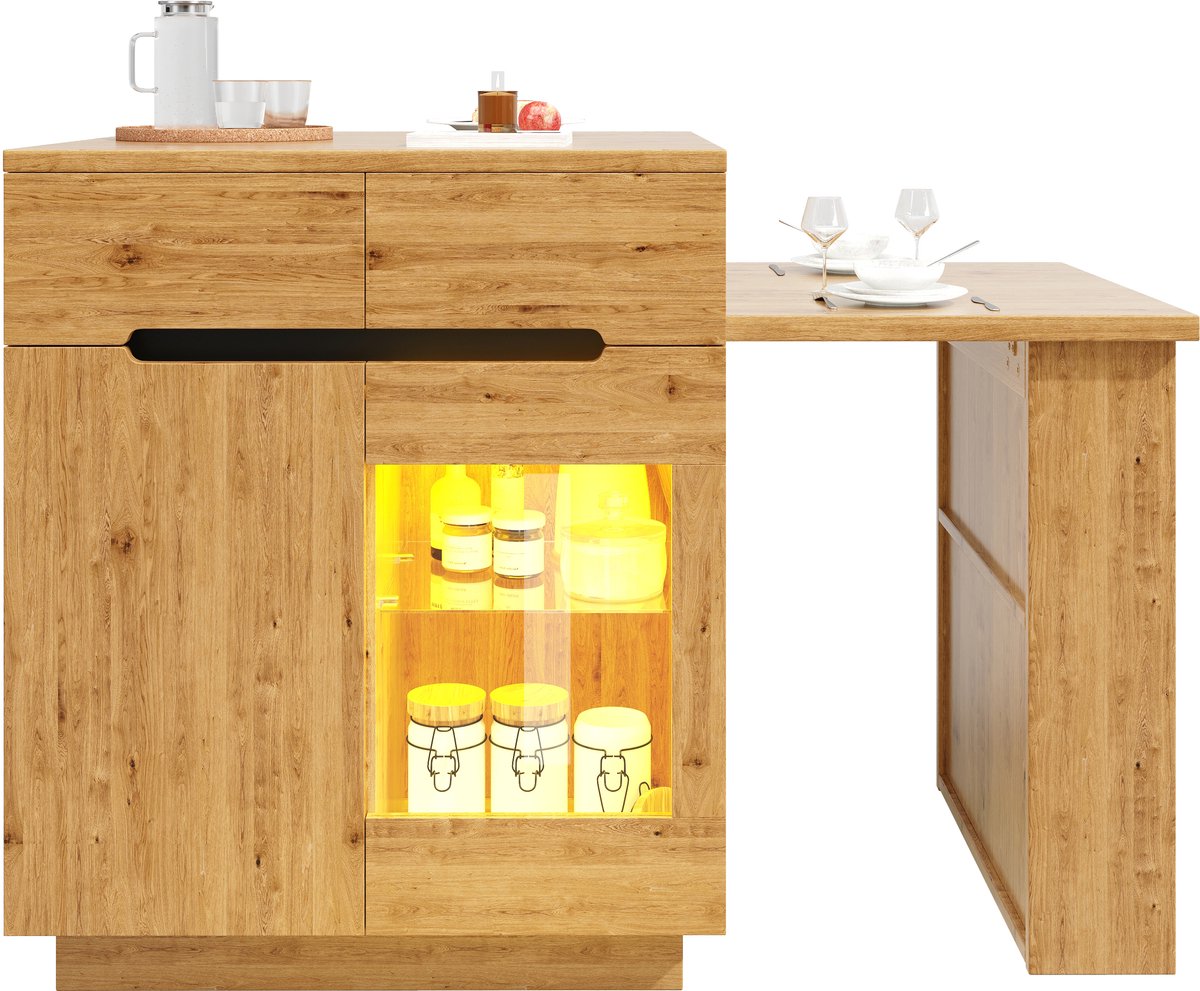 Keukeneiland met uitschuifbare tafel - kasten - met LED-verlichting en opbergruimte - lades - glazen deuren - voor eetkamer en keuken