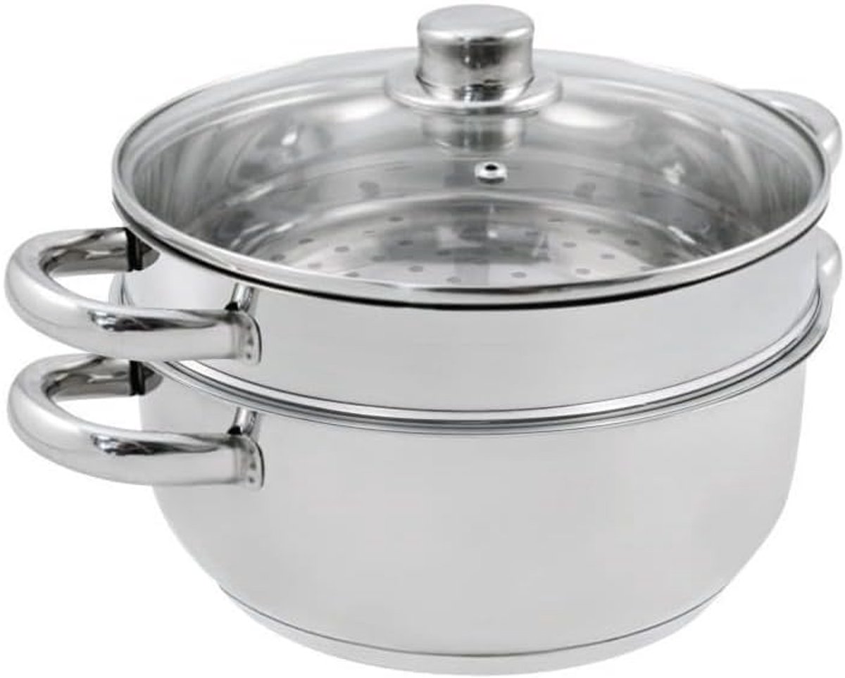 Stoompan - Stoommandje - Stoofpan met Deksel - 3 Laags - Zilver met Zwart - ruime capaciteit