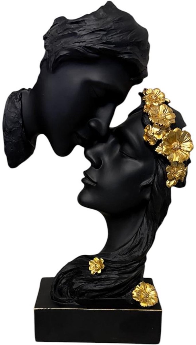 Sculptuur Zwart met Goud, Kussende Koppel, Verliefde Koppel, met Goudkleurige Bloemen