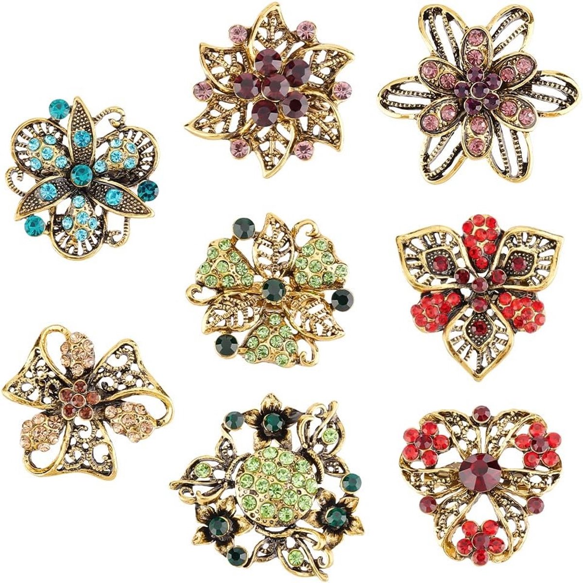 Vintage Bloemen Broches in 8 Stijlen, Kleurige Kristallen en Antiek Goud Geplateerde Badges voor Dameskleding, Rugzakken en Huisdecoratie, Perfect voor Feestjes en Speciale Gelegenheden