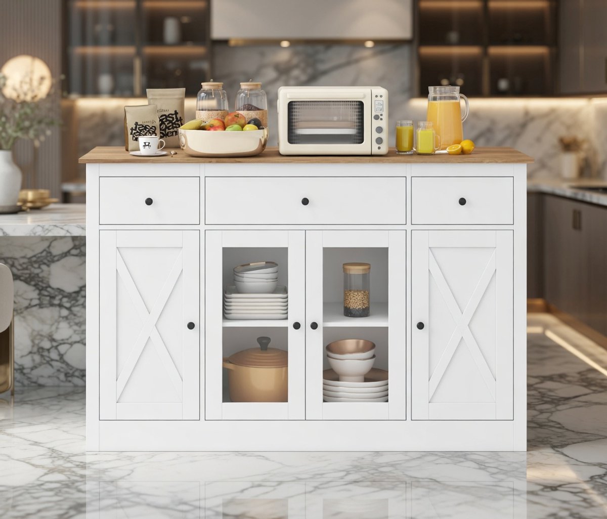Luxe Landelijke Buffetkast 140 cm - 140 cm Glazen Deuren, 3 - Medahomestore