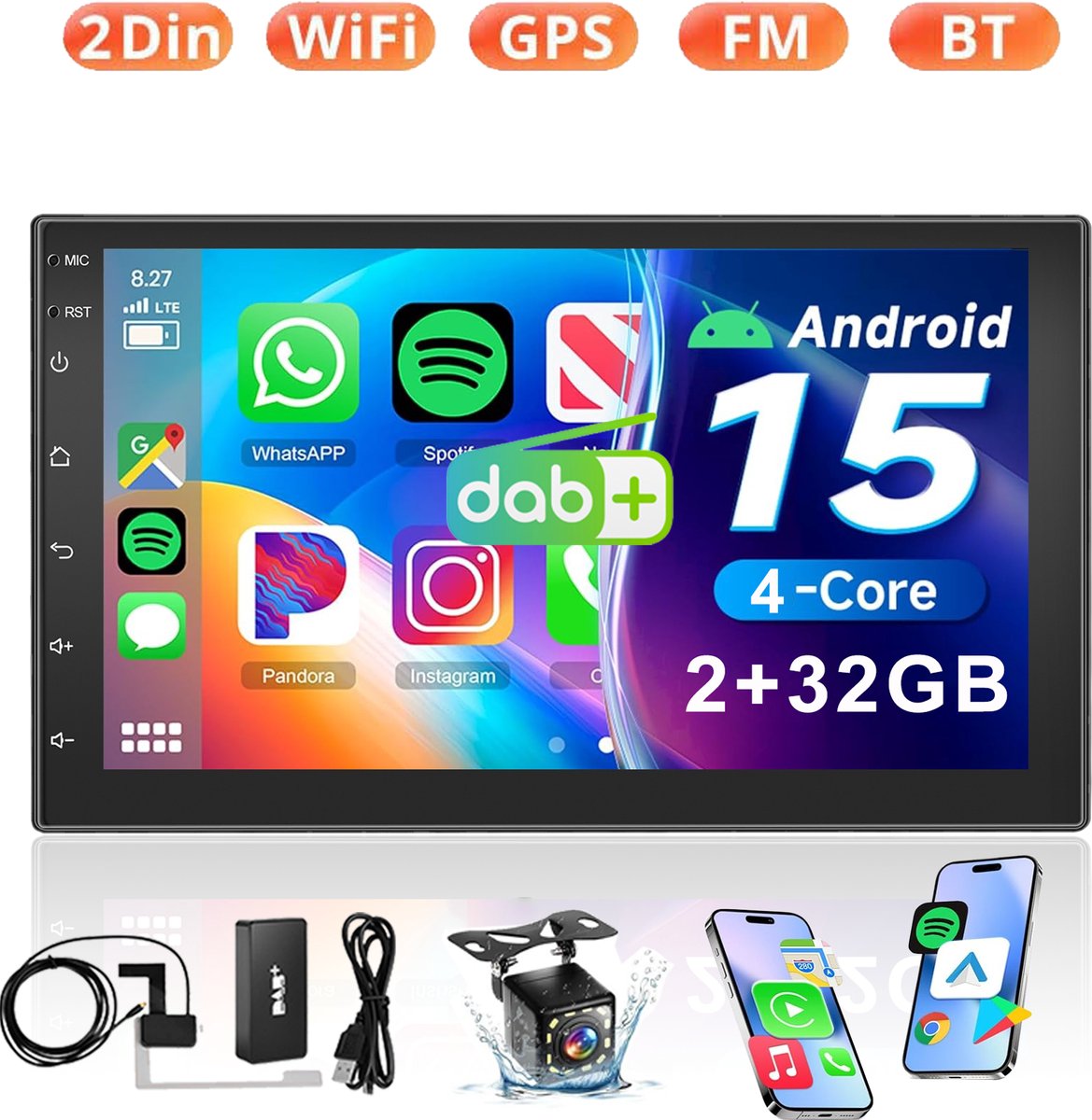 ESSGOO DAB+ Autoradio 2Din Universeel - Android 15 - Apple Carplay & Android Auto (Draadloos) - 7 Inch HD Touchscreen - 2+32GB - GPS Navigatiesysteem - USB, WiFi, Bluetooth - 12 LEDs Achteruitrijcamera