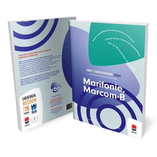 Twee boeken, een met blauwe golven en een met groene golven, op witte achtergrond. Titel: VBO Cursusboek 2026 Marifonie, Marcom-B.