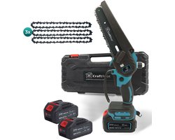 CraftRoot Elektrische Mini Kettingzaag - Draadloze Compacte Kettingzaag met Automatische Kettingsmering - Handkettingzaag - Snoeizaag - Takkenzaag - 2x 4.0Ah Accu's - Opberg Koffer - Brushless
