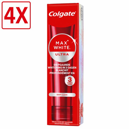 Colgate Max White Ultra Dentifrice, lot de 4. Tube rouge avec texte blanc et orange.