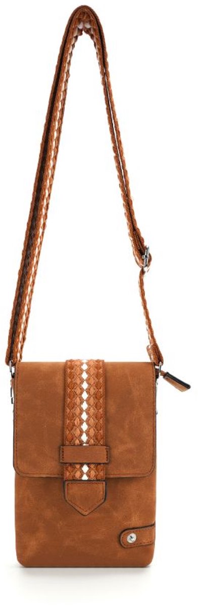 Dames Schoudertas Cognac - Platte Damestas - Telefoontas - Trendy Dames Schoudertasje 2 Banden