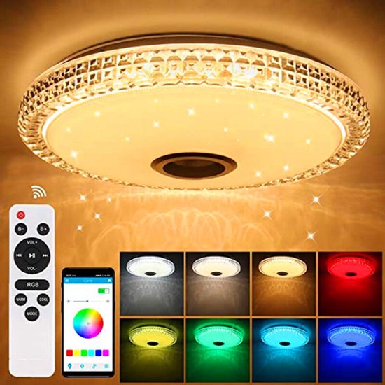 YYV Plafonnier Cristal LED 72W met Haut-Parleur Bluetooth, Intelligent met Télécommande en Control APP,Changement de couleur,regelbaar voor kamerkeuken salle de bain, kamer Ø 40cm