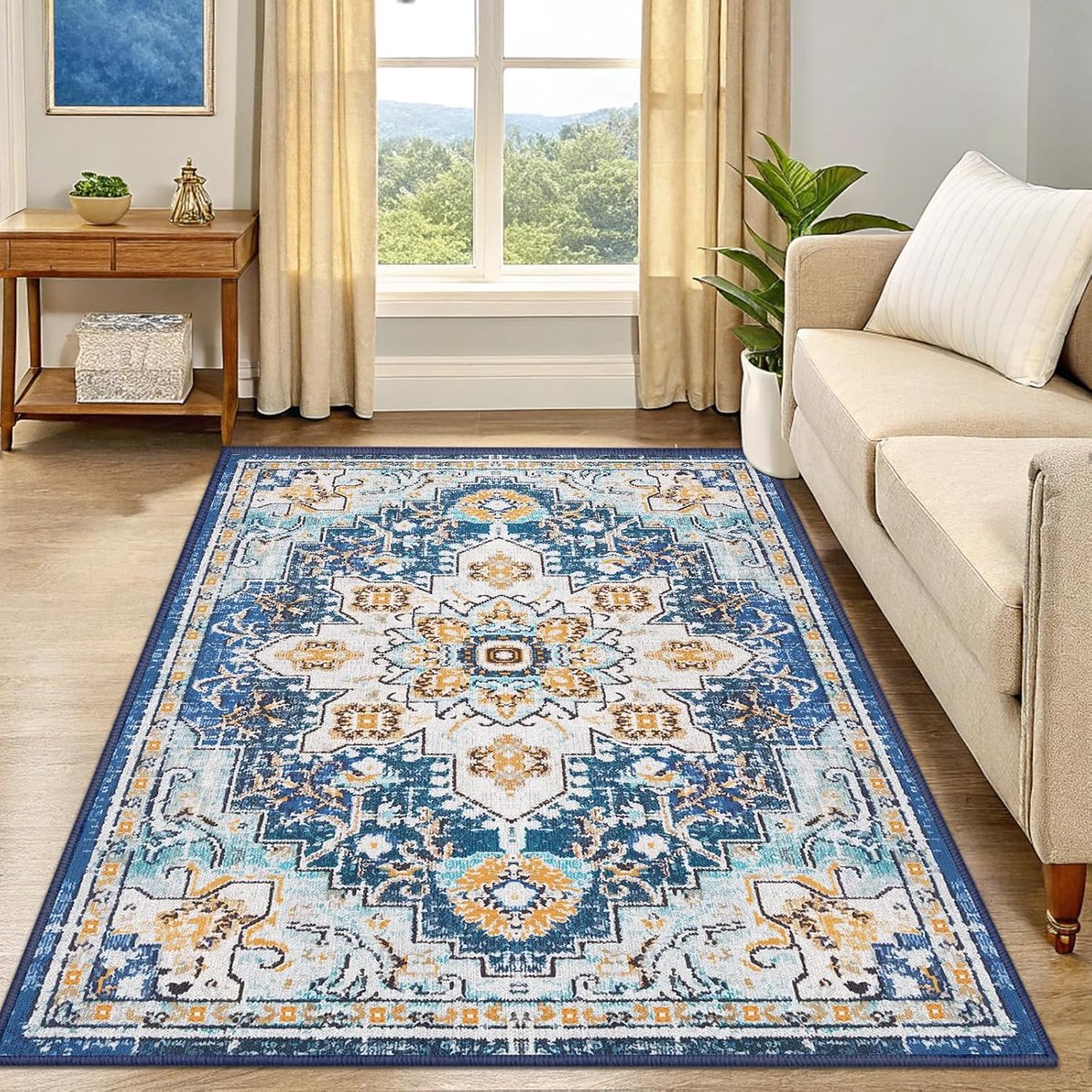 Olanly Woonkamer Tapijt - Boheemse Stijl Gedrukt Vloerkleed- Machinewasbaar Licht Vloertapijt - 122x183 cm - Rechthoekig - Blauw