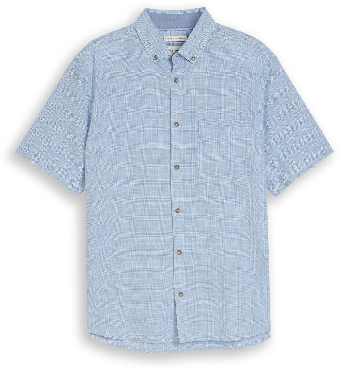 Tom Tailor - Regular fit overhemd met korte mouwen en linnen - Maat S - bleeched blue check