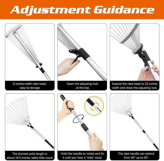 Tuinhark Verstelbaar Bladhark Metaal met Handschoenen - Ergonomisch Lichtgewicht - Uitschuifbare Steel & Verstelbare Kop 20-37 cm - Voor Bladeren, Gras & Tuinafval - Gazonhark Bladgrijper Tuingereedschap — afbeelding 5