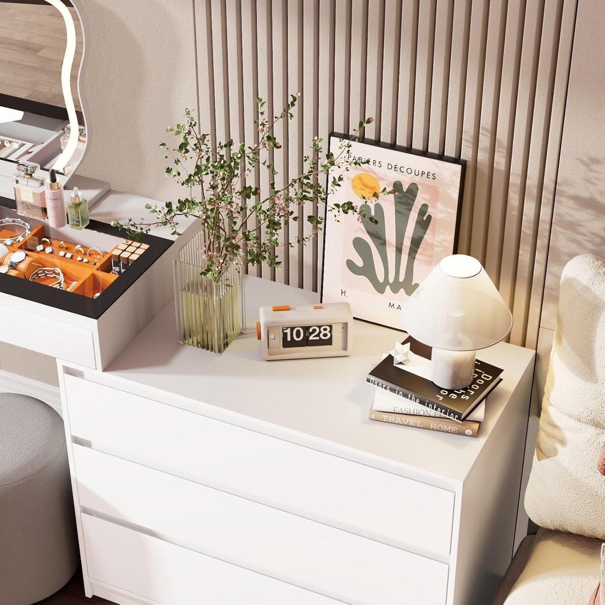 Hoek Make-uptafel met LED-verlichting en Spiegel – L-Vorm Kaptafel / Vanity Desk 160x40 cm – 5 Lades & Glasplaat – Dimbare 3 Lichtmodi – Verstelbare Opstelling Links/Rechts – Wit Modern Design – abtkantoor