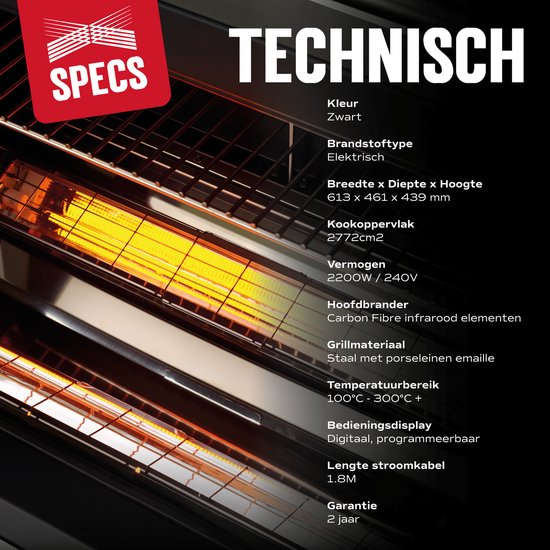 Dimplex Crossray eXtreme Infrarood Elektrische BBQ - Tafelbarbecue Elektrisch - 300°C+ - 2 Verwarmingselementen 1100 W - Elektrische Grill voor Buiten - Grillen, Braden en Garen - Zwart van Merkloos — afbeelding 3