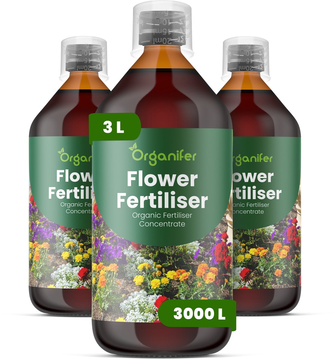 Vloeibare Meststof Voor Bloemen - 3X1 L Voor 3000 L - Npk 3-4-3 - Sterke Groei - Uitbundige Bloei - Knopvorming - Bloemgrootte - Kleurintensiteit - Sterk Wortelstelsel - Langdurige Bloeicycli - Organifer