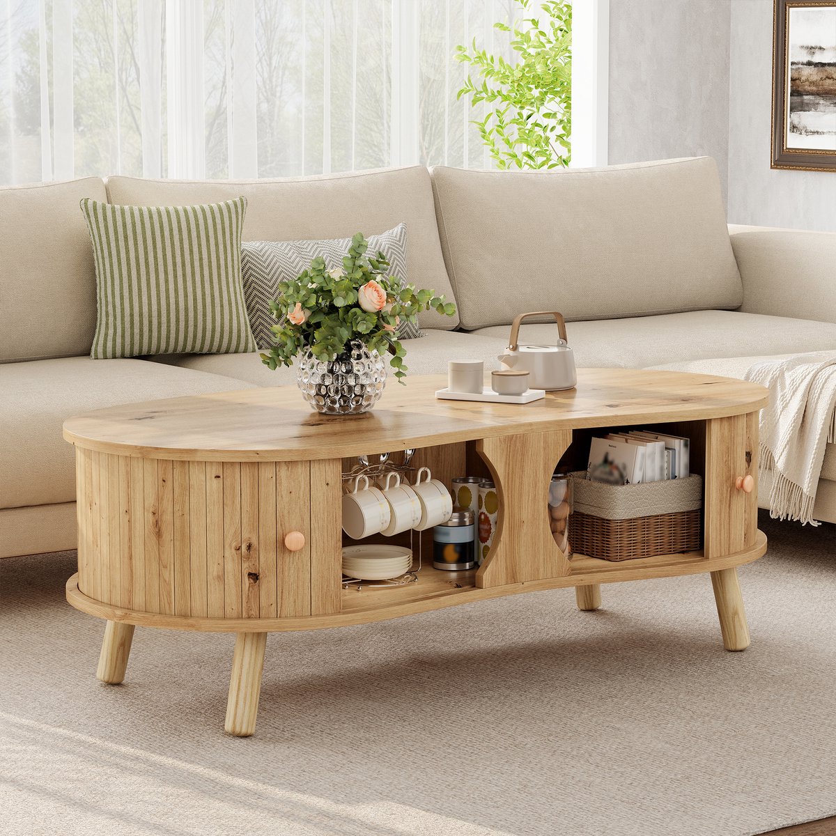 Afgeronde salontafel 108x50cm - Massiefhouten poten - Schuifdeuren - Open vakken - Natuurlijke houtafwerking MDF - Modern & Minimalistisch