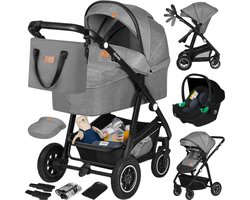 Lionelo Bianka Kinderwagen 3 in 1 - Reiswieg + Wandelwagen + Autostoel - Grote Luchtbanden, Volledige Vering - Inklapbaar - Verstelbare duwstang - Buggy Omkeerbare Zitting - 0-22kg - Accessoireset - Grijs