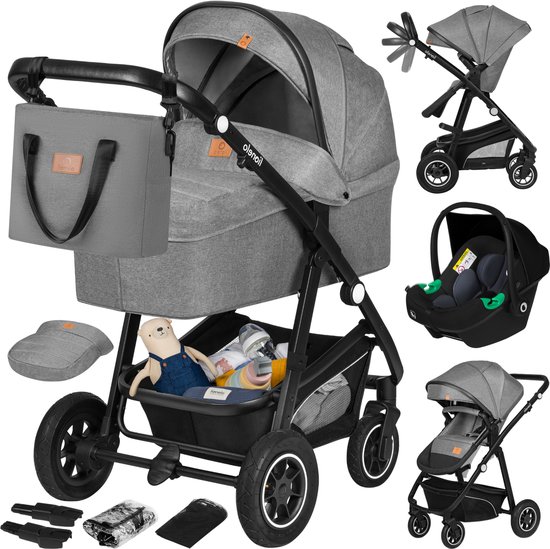 Lionelo Bianka Buggy & Kinderwagen 3 in 1 - Reiswieg + Wandelwagen + Autostoel - Grote Luchtbanden, Volledige Vering - Inklapbaar - Verstelbare duwstang - Omkeerbare zitting - 0-22kg - Accessoireset - Grijs