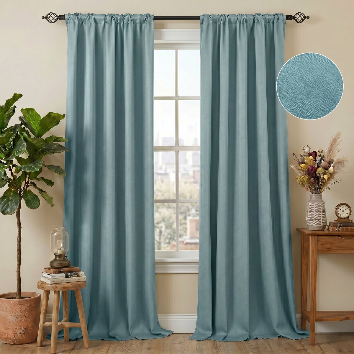 Qelus Luxury Embossed Verduisterende Gordijnen Kant-en-klaar (2-panelen) – 310GSM Dik - 85% Lichtdicht - Thermisch Isolerend Blackout Overgordijnen – voor Slaapkamer & Woonkamer - 132x244cm - Blauwgroen