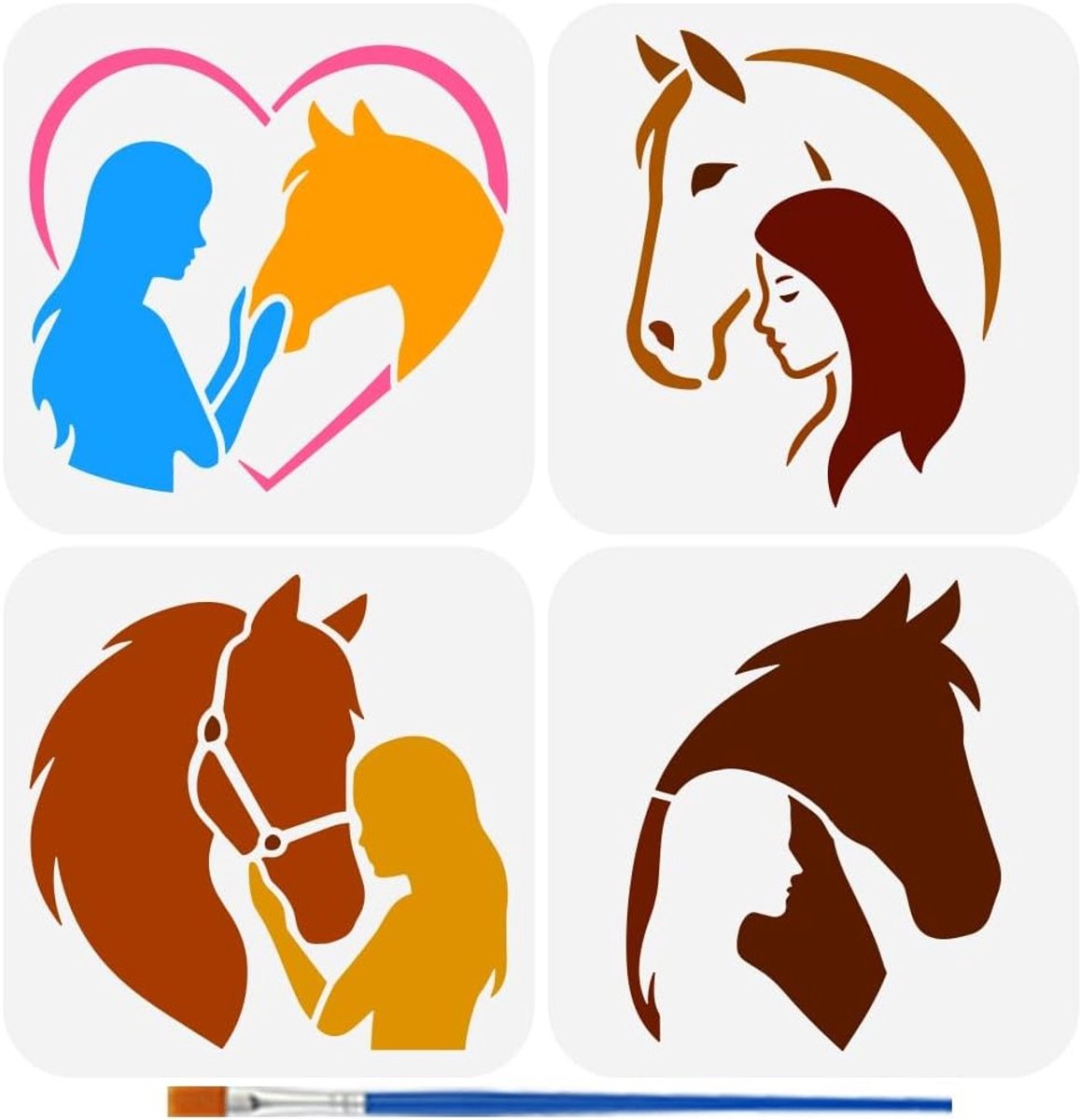 4 Stuks Paarden Sjablonen met 1 Plastic Verfkwast - 15x15cm, Creatieve Sjablonen voor Hout, Canvas en Stof, Perfect voor Meubilair en Muurdecoratie