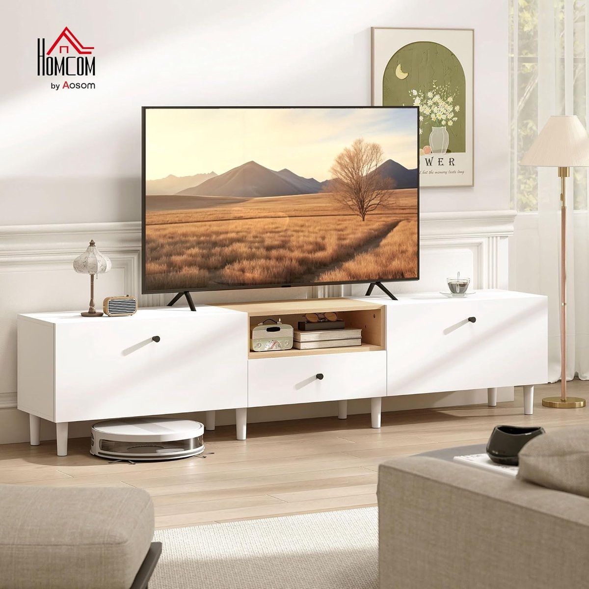 TV meubel 200 cm – Lowboard met 2 klapdeuren, lade & open vak – TV kast voor 90 inch met soft-close en houtlook wit – Urbanhome