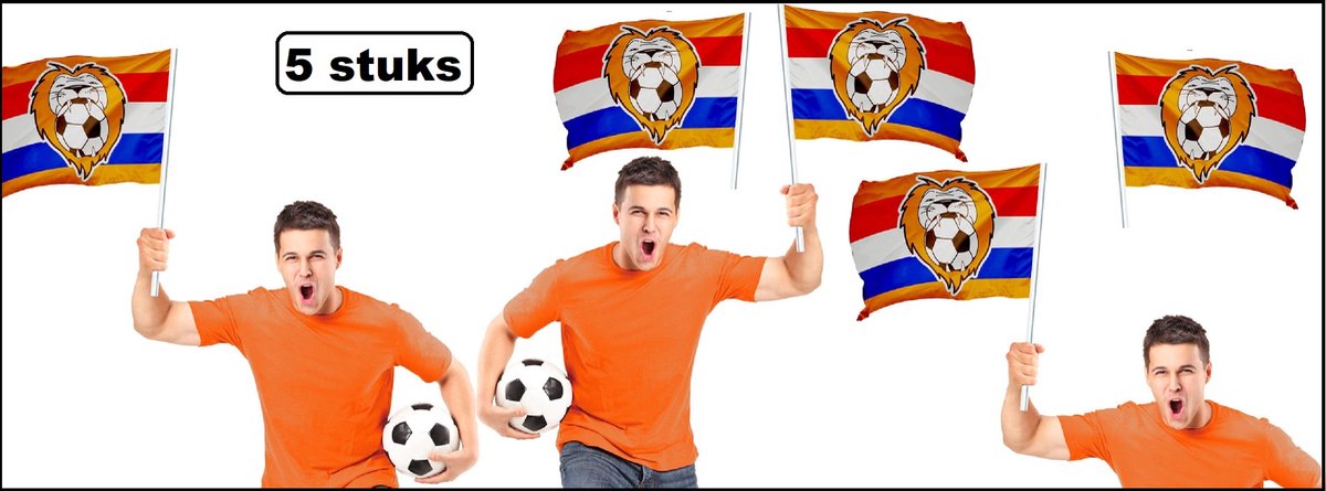 5x Oranje Vlag met stok met Leeuw 50cm x 70cm (stok 90cm) - Koningsdag Oranje WK Holland Nederland voetbal sport themafeest party