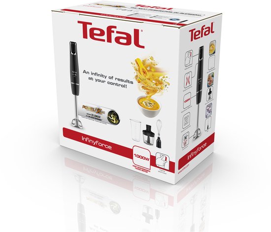 Verpakking van Tefal InfinyForce staafmixer, zwart, 1000W, met afbeeldingen van de staafmixer en accessoires.