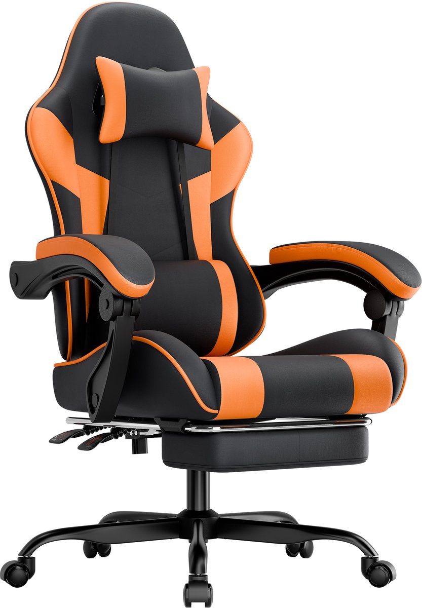 Gamingstoel - - Ergonomische Gamingstoel met Lendensteun - 200 kg draagvermogen, Hoogteverstelbaar en Draaibaar - PU-leer - Zwartoranje