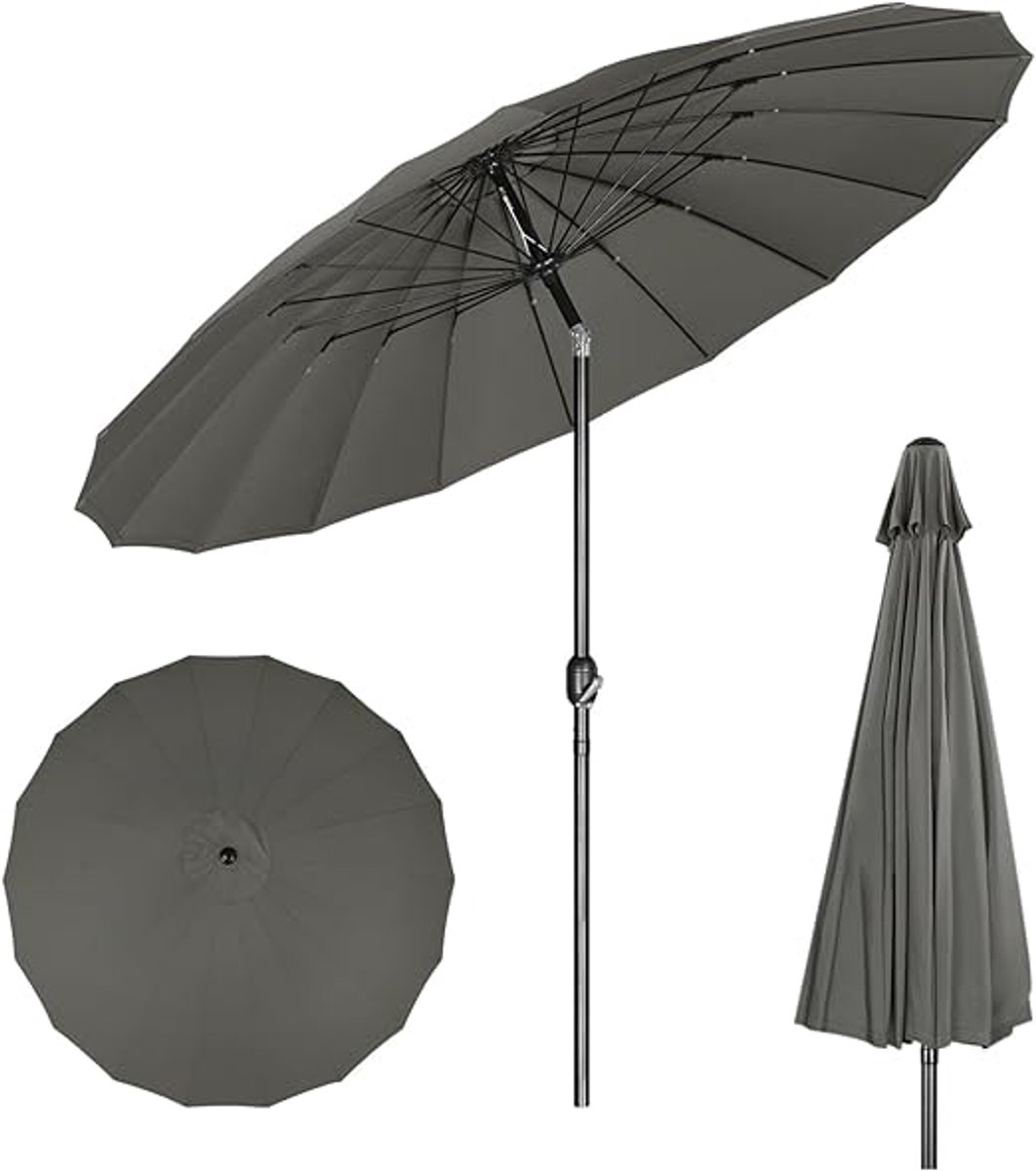Tuin Parasol Ø273 cm Rond Kantelbaar met Zwengel – 18 Baleinen, Windbestendig, Dubbel Kantelbaar, UV 50+ Bescherming, Waterafstotend – Donkergrijs | Nicolehome